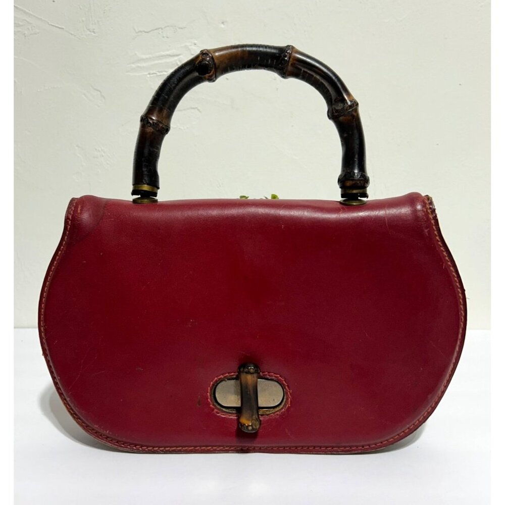Vintage Red Leather Handbag With Bamboo Handle & Clasp Closure